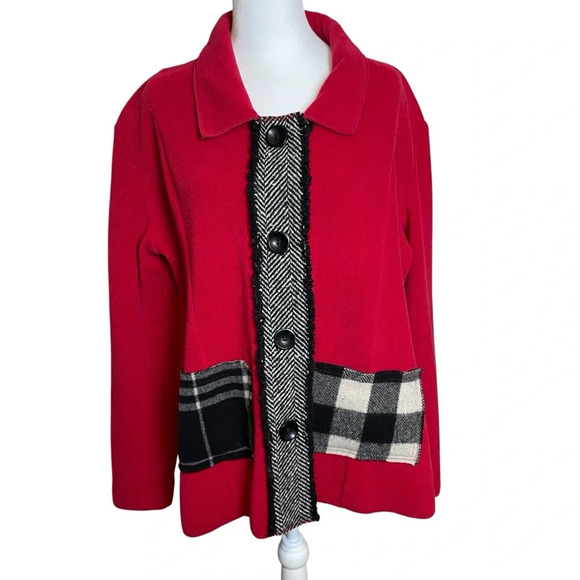 Cameleon Red Black Plaid Patchwork Jacket Large Artwear Made In USA Pockets - Picture 1 of 9